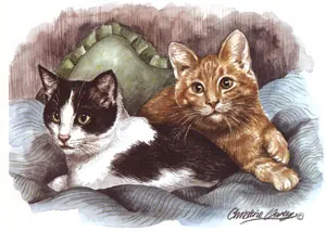 Watercolour portrait of a black and white cat and a ginger cat lying on blankets