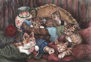 Watercolour painting of kittens playing in a basket with wool and cotton reels