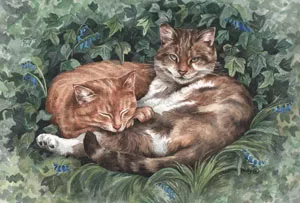 Watercolour painting of a ginger cat and a tabby cat curled up together among leaves