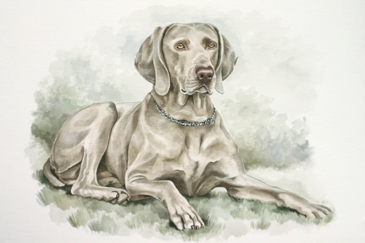 Watercolour portrait of a grey Weimaraner lying on grass