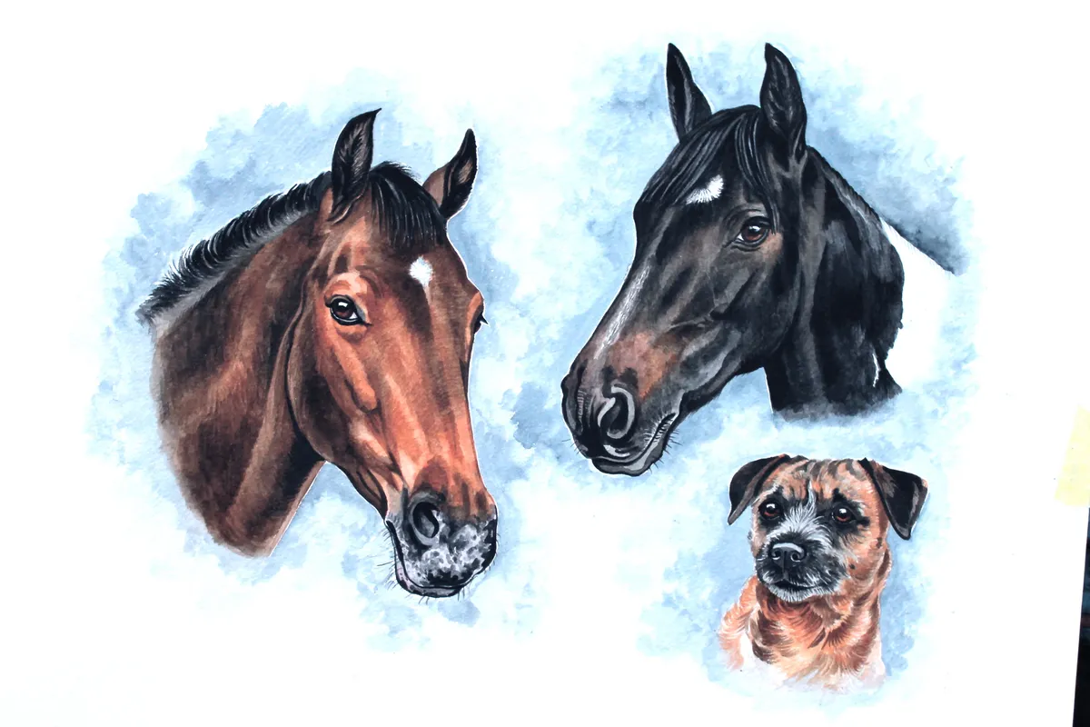 Watercolour portrait of two horses' heads and a Border Terrier
