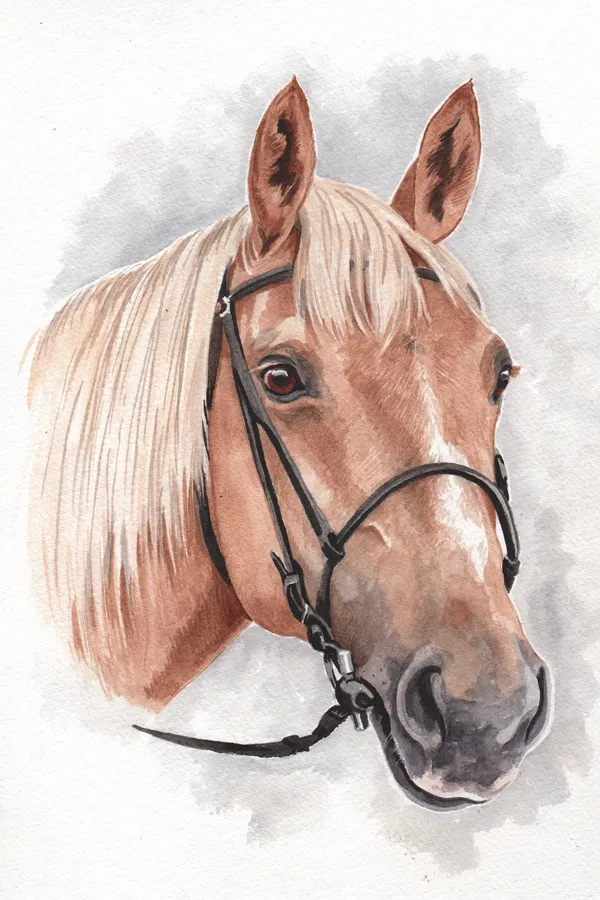 Watercolour portrait of a chestnut horse with a pale flaxen mane, wearing a bridle