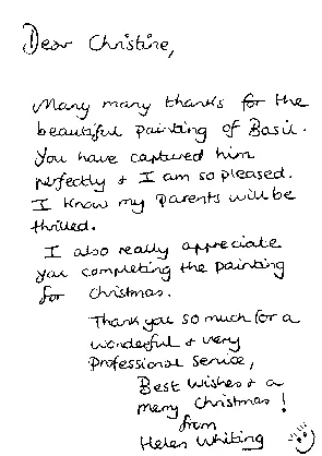 Helen Whiting's handwritten letter thanking Christine for the painting of Basil