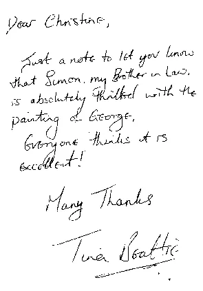 Tina Beattie's handwritten letter thanking Christine for the painting of George. A transcription follows.