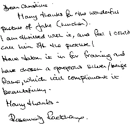 Rosemary Packham's handwritten letter thanking Christine for the picture of Jake