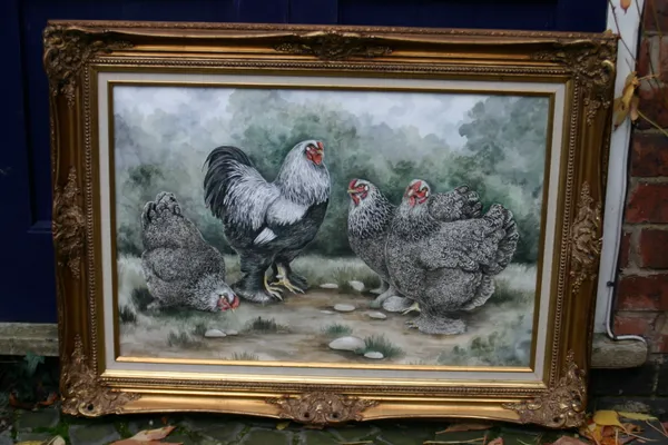 Watercolour painting of a cockerel and hens, in an ornate gilt frame